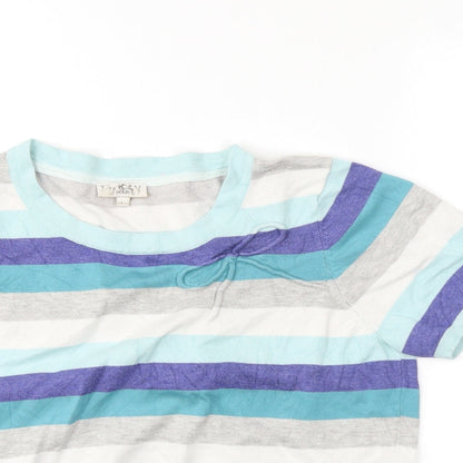 Close-up detail of Petite women’s blue striped basic tank, size L, - bow detail