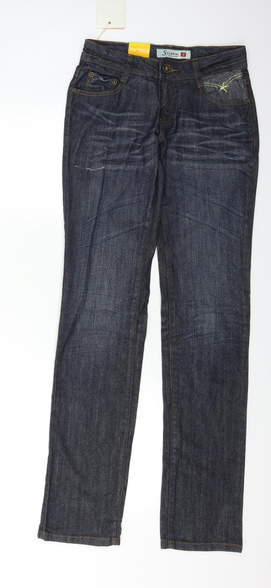 Front view of Sciapai women’s blue denim straight jeans, size S, 31-inch leg