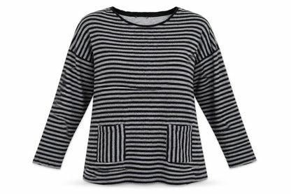 Front view of Next women’s grey striped jumper, size UK 16