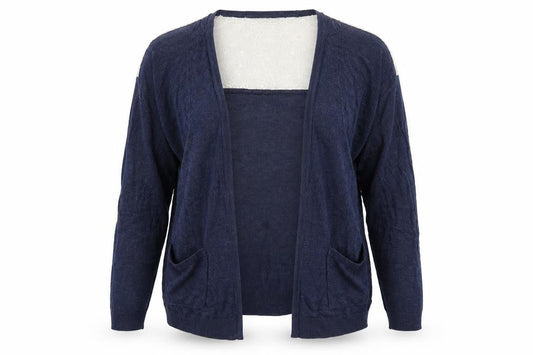 Front view of Tu women’s blue cardigan jumper, size UK 10