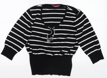 Additional front view of Petite women’s black striped basic t-shirt, size UK 14