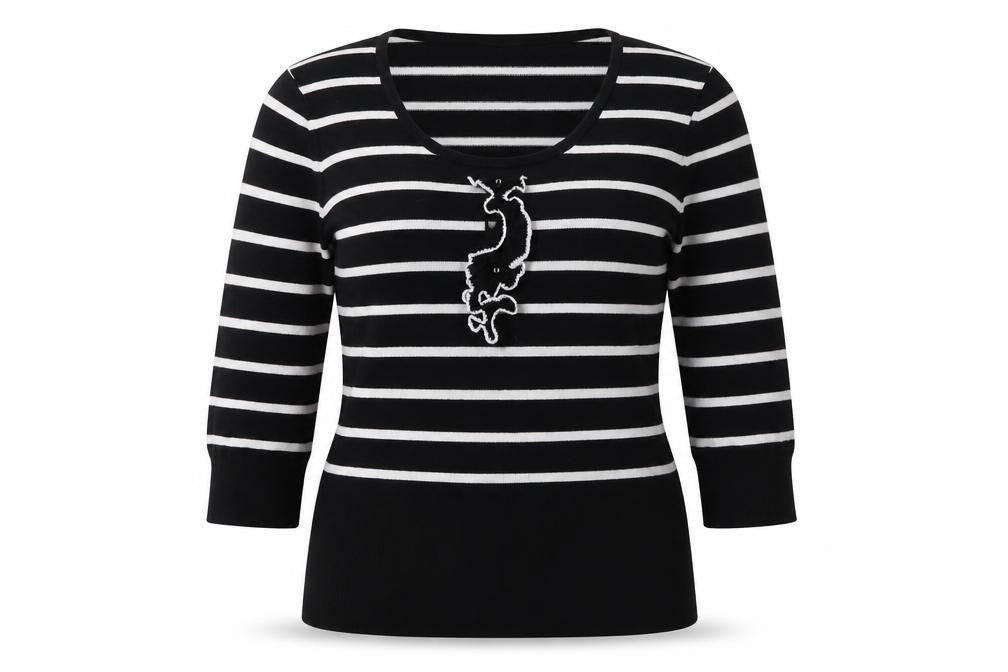 Petite Womens Black Striped  Basic T-Shirt Size 14
