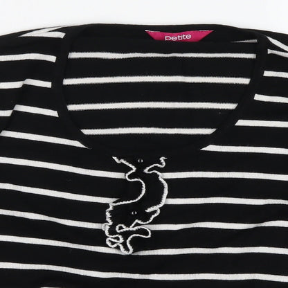 Close-up detail of Petite women’s black striped basic t-shirt, size UK 14