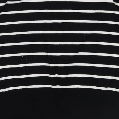 Brand and care label for Petite women’s black striped basic t-shirt, size UK 14