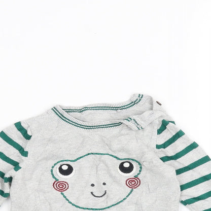 Close-up detail of Tu Baby Grey Striped jumper, size 0-3, Months - Frog