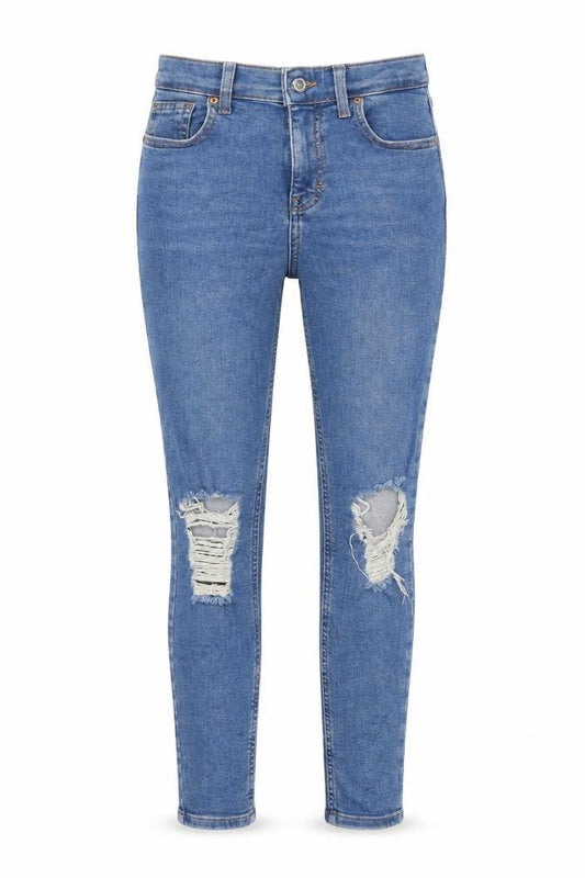 Front view of Topshop women’s blue skinny jeans, size UK 26, in, 30-inch leg - ripped details