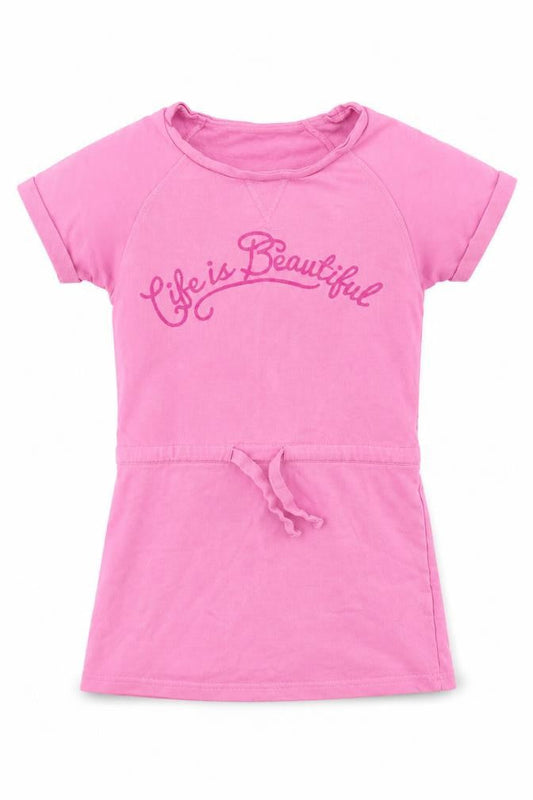 Front view of M&Co girls’ pink basic t-shirt, size 6-7, years - life is beautiful