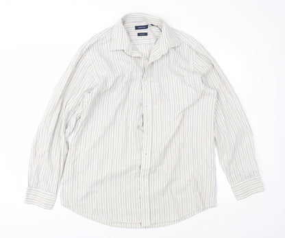 Front view of Taylor & Wright men’s brown striped button-up, size 16.5