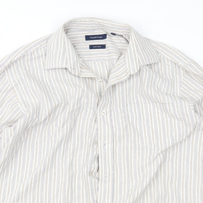 Close-up detail of Taylor & Wright men’s brown striped button-up, size 16.5