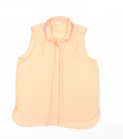 Additional front view of River Island women’s orange basic button-up, size UK 12, - rhinestoed collar