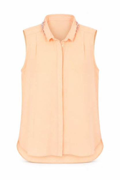 Front view of River Island women’s orange basic button-up, size UK 12, - rhinestoed collar