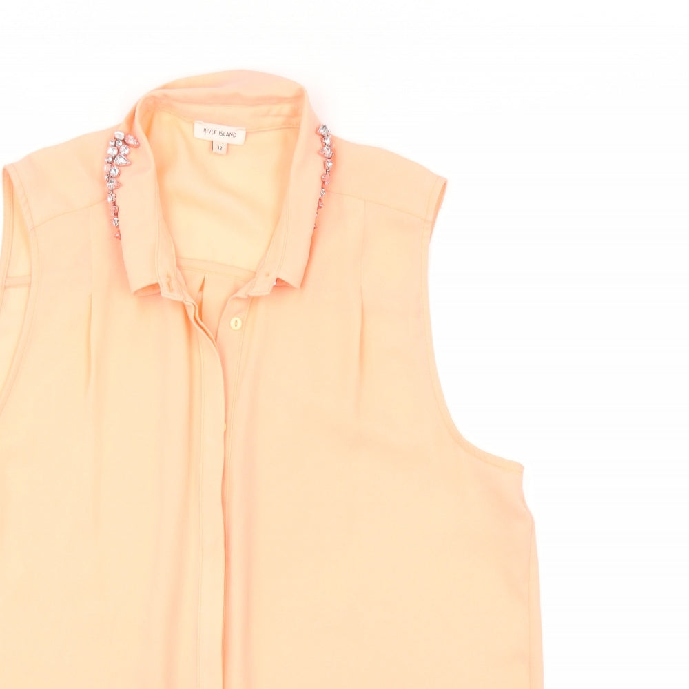 River Island Womens Orange   Basic Button-Up Size 12  - RHINESTOED COLLAR