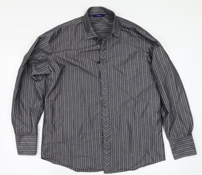 Additional front view of For Men men’s black striped button-up, size M