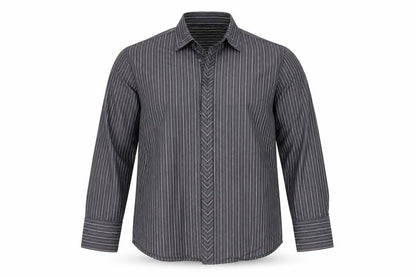 Front view of For Men men’s black striped button-up, size M