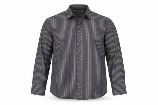 Front view of For Men men’s black striped button-up, size M