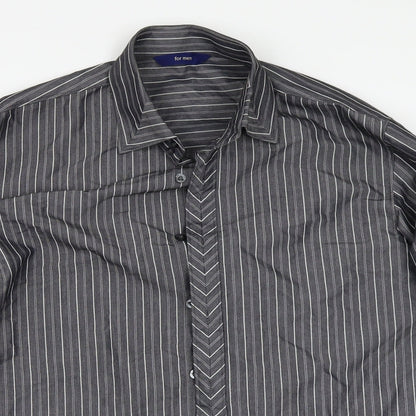 Close-up detail of For Men men’s black striped button-up, size M