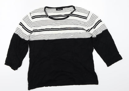 Front view of Alexara women’s black striped basic t-shirt, size L