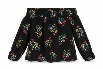 Front view of River Island women’s black floral basic blouse, size UK 6