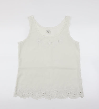Front view of Jeanswest women’s ivory basic blouse, size UK 12, - floral embroidery