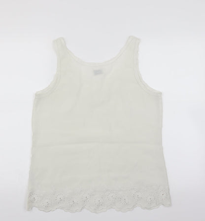 Back view of Jeanswest women’s ivory basic blouse, size UK 12, - floral embroidery