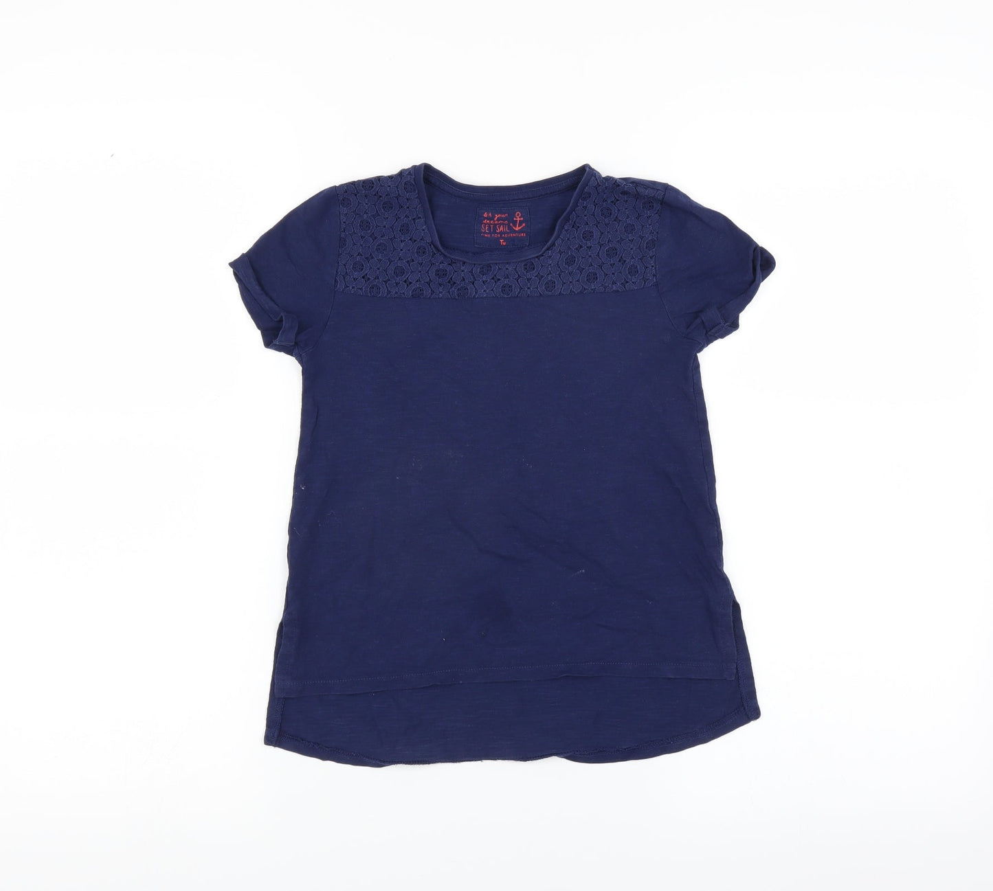 Sainsburys Girls Blue   Basic T-Shirt Size 7 Years  - floral crochet detail