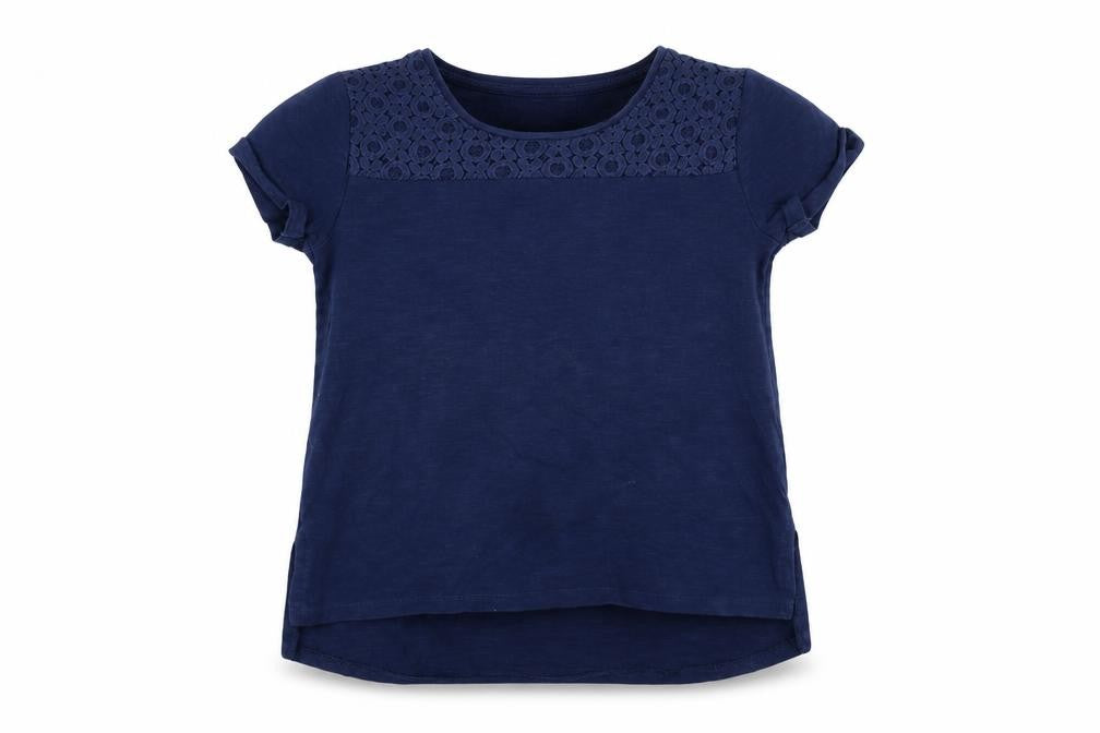 TU Girls Blue   Basic T-Shirt Size 7 Years  - floral crochet detail