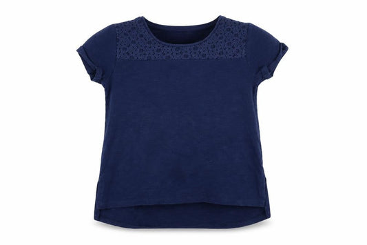Front view of TU girls’ blue basic t-shirt, size 7, years - floral crochet detail