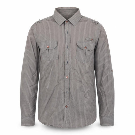 Front view of River Island men’s brown striped button-up, size M