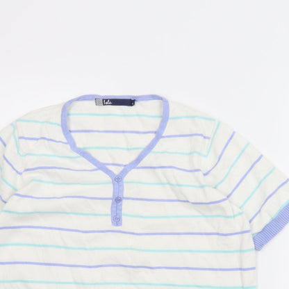 Close-up detail of Isle women’s white striped basic blouse, size UK 14