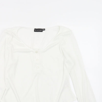 Close-up detail of PRETTYLITTLETHING women’s white jersey basic t-shirt, size UK 16