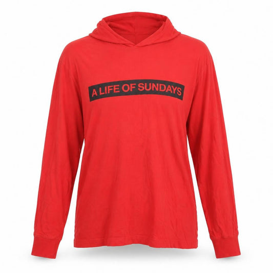 Front view of H&M women’s red jersey pullover hoodie, size M, - a life of sundays