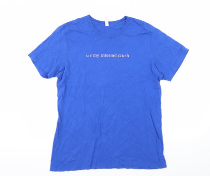 Front view of Bella + Canvas women’s blue jersey basic t-shirt, size L, - internet crush