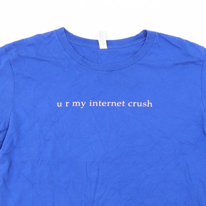 Close-up detail of Bella + Canvas women’s blue jersey basic t-shirt, size L, - internet crush