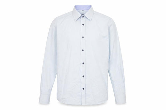 Front view of Recman men’s blue button-up, size L