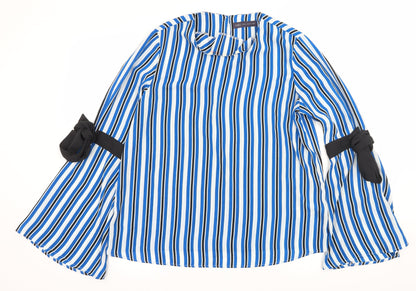 Front view of Marks & Spencer women’s blue striped basic blouse, size UK 12