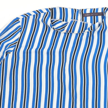 Close-up detail of Marks & Spencer women’s blue striped basic blouse, size UK 12