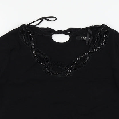 Close-up detail of Sky Designs women’s black basic t-shirt, size UK 2
