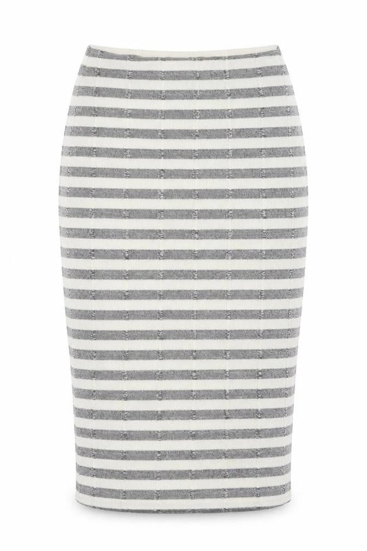 Front view of Miss Guided women’s white striped a-line skirt, size UK 8, - stretch waistband