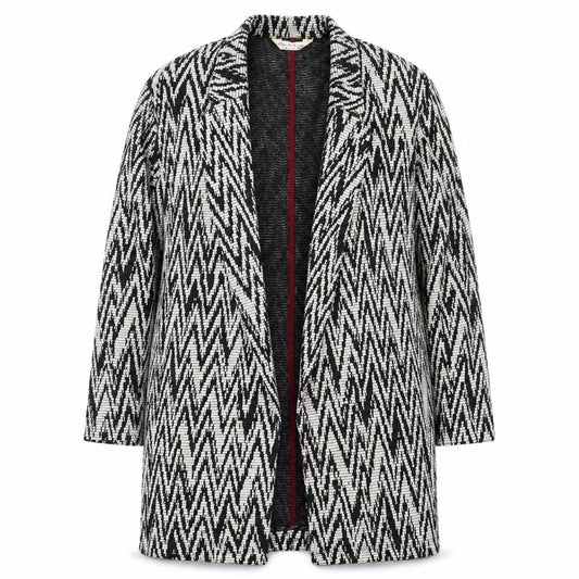 Front view of Miss Selfridge women’s black argyle/diamond jacket, size UK 10