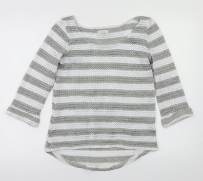 Front view of Next women’s green striped jumper, size UK 10