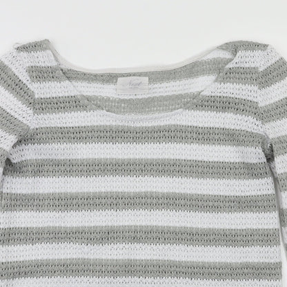 Close-up detail of Next women’s green striped jumper, size UK 10