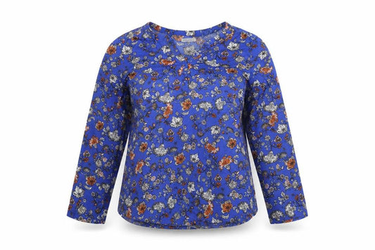 Front view of Encuentro women’s blue floral basic blouse, size XL