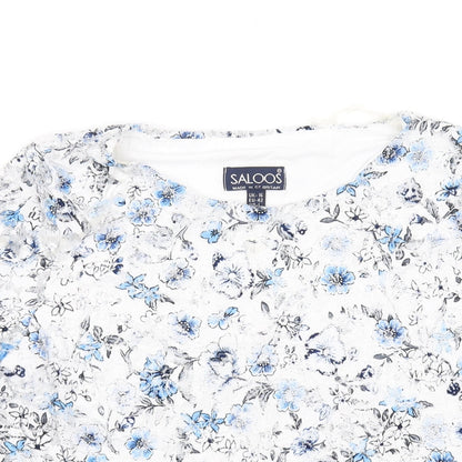 Close-up detail of saloons women’s white floral basic t-shirt, size UK 16