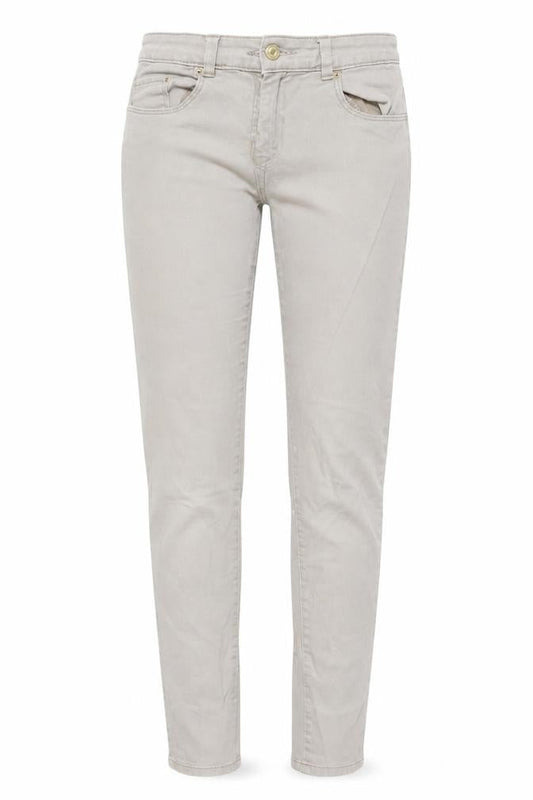 Front view of H&M women’s beige skinny jeans, size UK 6, 27-inch leg