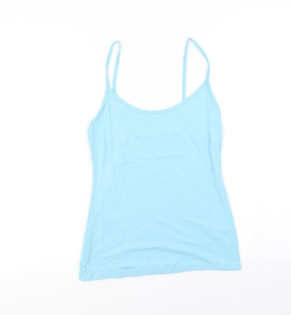 Additional front view of Preworn women’s blue basic tank, size UK 12