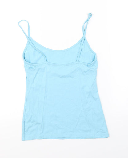 Back view of Preworn women’s blue basic tank, size UK 12