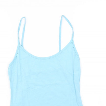 Close-up detail of Preworn women’s blue basic tank, size UK 12