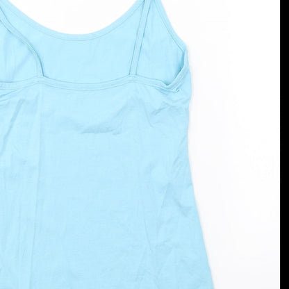 Brand and care label for Preworn women’s blue basic tank, size UK 12