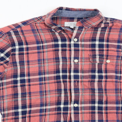 Close-up detail of Next men’s pink check button-up, size S