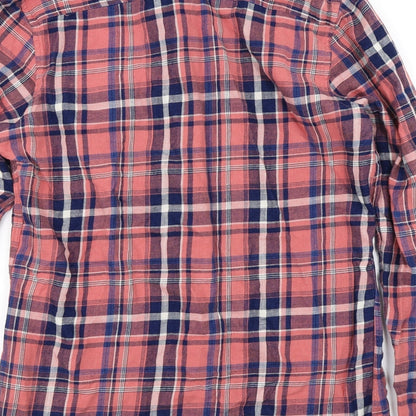 Brand and care label for Next men’s pink check button-up, size S